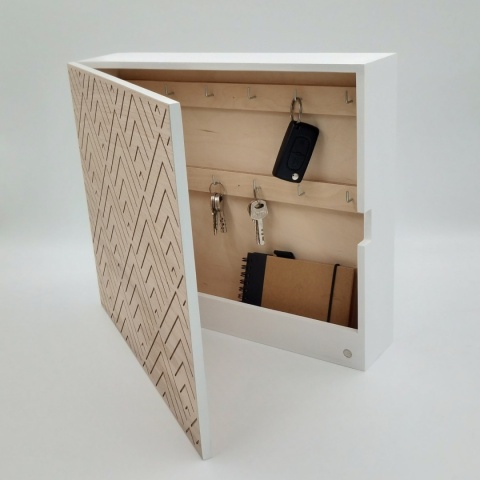 Duża skrzynka na klucze, wzór biała + dąb, 12 haczyków