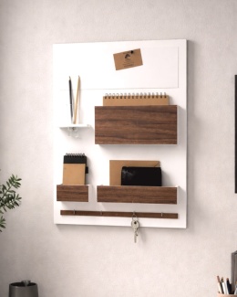 Nowoczesny organizer ścienny z tablicą magnetyczną suchościeralną – biały organizer z frontami z forniru orzechowego