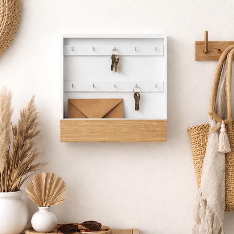 Otwarta skrzynka na klucze, biała + dąb, wieszak na klucze 10 haczyków